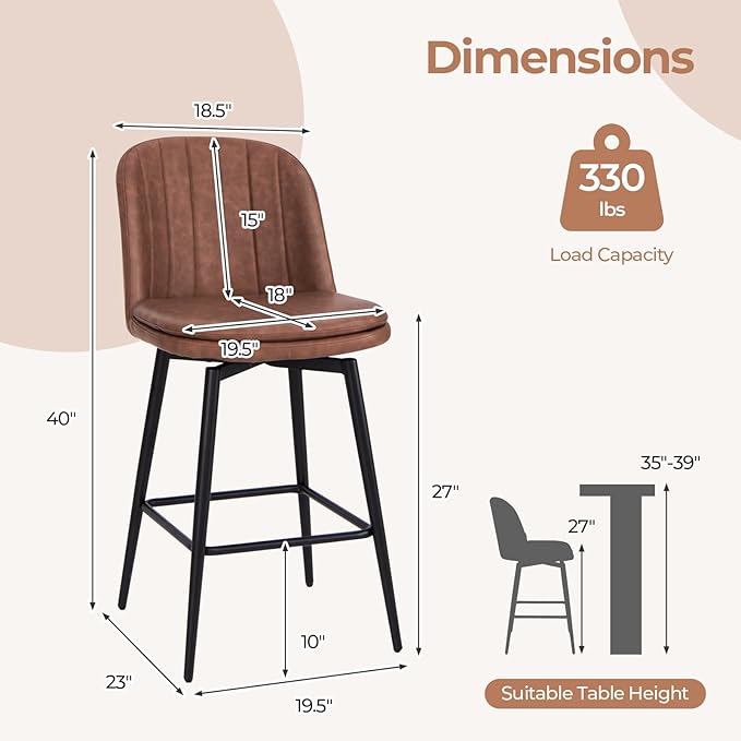 COSTWAY Bar Stool Set of 2, 27 Inch Swivel Counter Height Chair with Padded Seat, Metal Legs & Footrest, PU Leather Bar Chair for Kitchen Island (2)