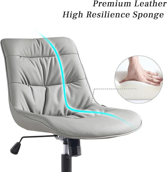 Kidol & Shellder Faux Leather Office Chair, Adjustable Swivel Height Task Chair, Rolling Wheels & Soft Backrest - Armless Ergonomic Desk Chair for Home, Office,Vanity,Gaming（Gray）