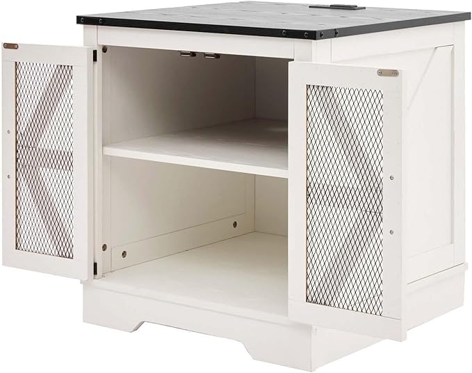 White Farmhouse End Table Set of 2, 24" Wood Sofa Side Table with Charging Station, Nightstand with Mesh Barn Door for Living Room, Square