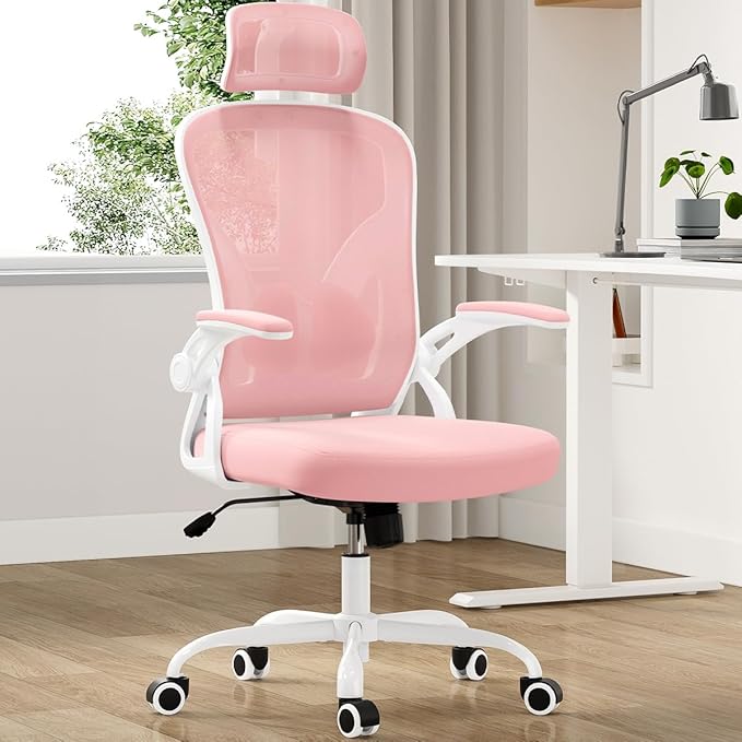 Farini Ergonomic Office Chair, Home Office Desk Chair with Headrest, High Back Computer Chair with Armrests and Adjustable Lumbar Support for Home Office Study Room, White & Pink