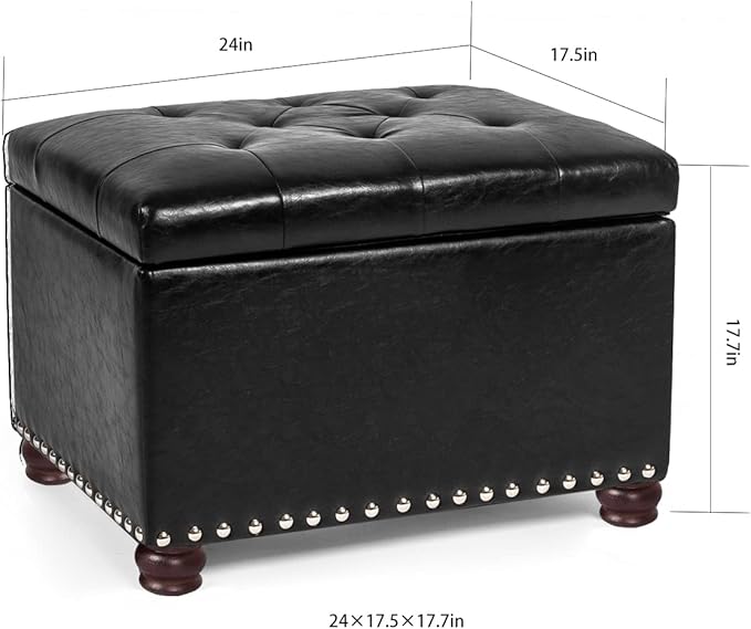 24'' Leather Storage Ottoman Rectangular Foot Rest Stool with Nailhead Trim Chests & Storage Room Organizer for Bedroom Living Room(Black)