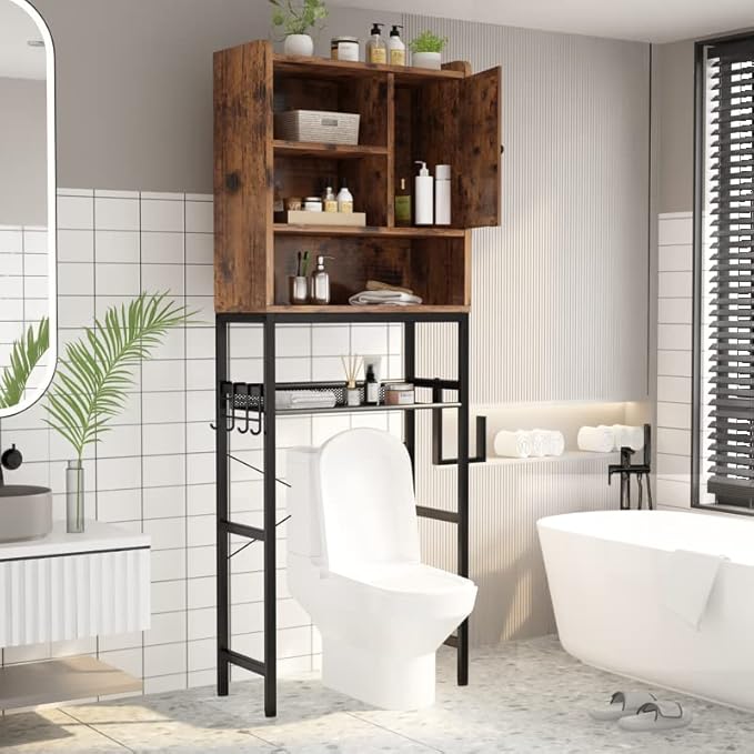 AWQM Over The Toilet Storage Cabinet, Bathroom Cabinet Organizer with Adjustable Shelf, Freestanding Space Saver Toilet Stands with Door, Paper Hook, Multifunctional Bathroom Toilet Rack, Rustic Brown