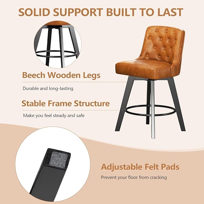 MINCETA Bar Stools Set of 2, PU Leather Barstools, 26 Inch Upholstered Counter Stools with Low Tufted Back and Footrest, Swivel Counter Height Barstools for Kitchen Island Home Bar Brown