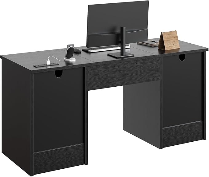 Bestier 59” Office Desk with Lockable Drawers, Modern Computer Desk with File Drawer, Charging Station & Drop-Front Keyboard Drawer, Executive Desk with Storage Cabinet for Home Office & Studio, Black