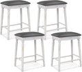 COSTWAY Upholstered Bar Stools Set of 4, 24-Inch Backless Counter Height Dining Stools with Delicate Wood Carving, Footrest, Solid Rubber Wood Frame, Farmhouse BarStools for Kitchen Island Bar, White
