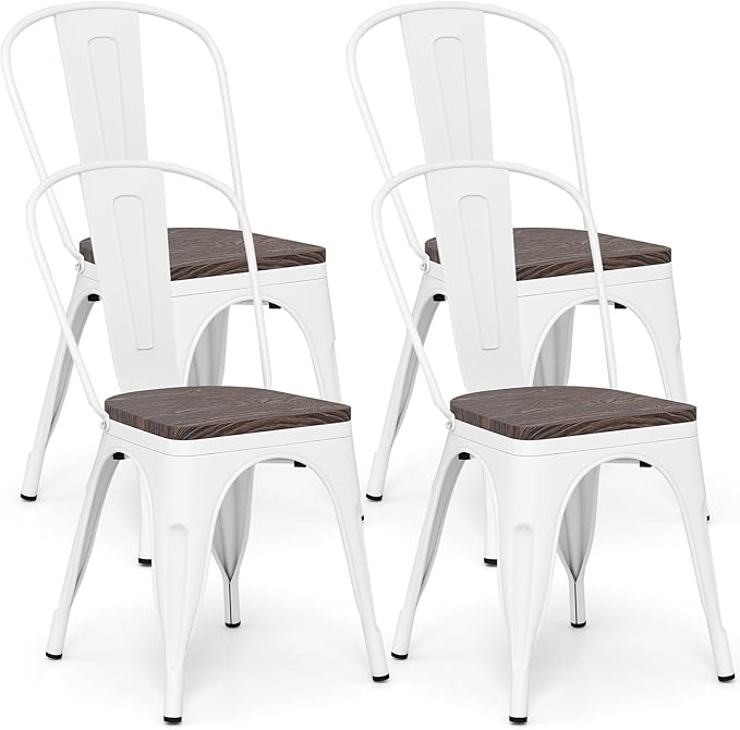 COSTWAY 18 Inch Dining Chair Set of 4, Industrial Vintage Stackable Metal Chairs, Counter Bar Chairs with High Backrest, Wood Seat, for Home, Kitchen and Cafe Bar Use