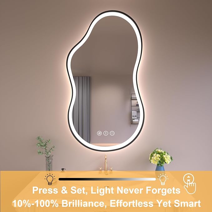 WTTY LED Irregular Bathroom Mirror 20x36 Inch with Front & Back Lights - Asymmetrical Design, Anti-Fog, Dimmable 3 Color Temperatures, Shatterproof Glass, Horizontal or Vertical Mount (Black Frame)