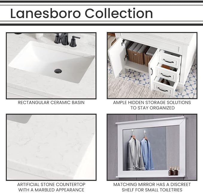 Hanover 36 Set Includes w, White Lanesboro 36'' Vanity Sink Combo for Bathroom, Powder Room | Pre-Assembled 2 Doors, 3 Drawers | Accent Mirror | Artificial Stone Countertop, Cabinet, 36 inches