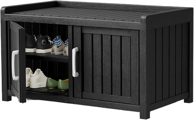 Storage Bench - 2 Doors Waterproof Resin Shoe Bench with Adjustable Shelves - Indoor & Outdoor Use, Entryway Bench with Seating for Bedroom, Living Room, Hallway - Black
