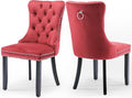 Velvet Upholstered Dining Chairs Set of 2, Modern Style Kitchen Side Chairs with Nailhead Trim and Wood Legs,Metal Pulling Ring for Dining Room Living Room(Wine Red,Set of 2)