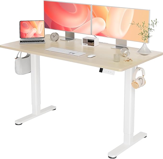 YDN Electric Standing Desk Adjustable Height, 55 x 24 Inches Stand up Desk with Cable Management, Home Office Desks with Splice Board & White Frame, Nature Top
