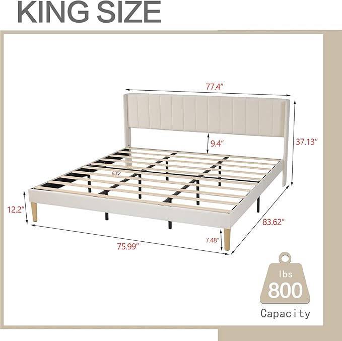 AGARTT Upholstered Platform Bed Frame King Size with Headboard and Footboard/Wooden Slats Support/No Box Spring Needed/Easy Assembly,Beige Velvet