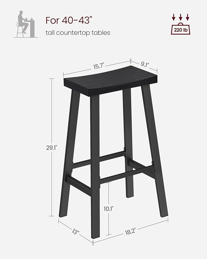 VASAGLE Bar Stools Set of 2, Counter Height Stools, Bar Chairs with Footrest, 29.1 Inches Tall Kitchen Breakfast Stools, Industrial, Living Room Party Room, Black ULBC094B56
