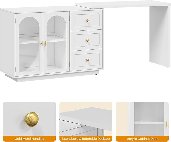RoyalCraft L Shaped Home Office Desk, Large Extendable and Rotatable Desk with 3 Drawers and 2 Doors, Corner Computer Desk, Modern Study Writing Table for Bedroom, Home Office, White
