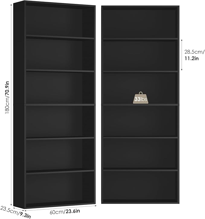 FOTOSOK 70.8" Tall Bookcase Shelf, 6 Tier Wide Bookshelf with Storage, Billy Bookcase Set of 2, Large Bookshelf for Living Room, Home Office, Black