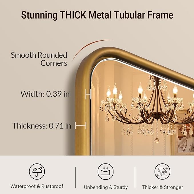 ANDY STAR Bathroom Mirror for Wall, 30x40 Inch Gold Rectangle Mirror for Bathroom with Rounded Corner, Modern Brushed Brass Vanity Rectangular Mirrors with Tube Metal Frame, Wall Mounted