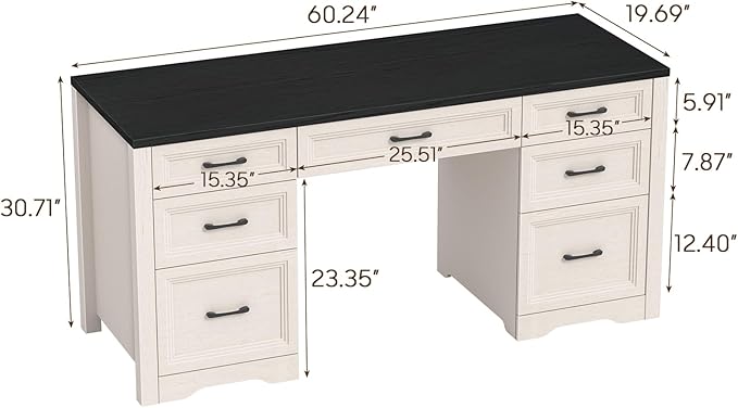 Farmhouse Executive Desk, Wood Home Office Desk with 2 Large File Drawers and 5 Storage Cabinets, Rustic Writing Desk for Work and Study, Black