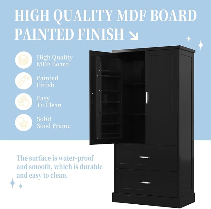 Polibi Tall Storage Cabinet with 2 Doors, 2 Drawers, 4-Tier Storage Racks of Each Door, Adjustable Shelf, Floor Free-Standing Cabinet for Bathroom, Living Room, MDF Board, Black
