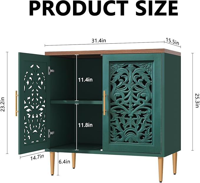 ARTPOWER Accent Cabinet with 2 Doors, Vintage Hollow Carving Buffet Cabinet, Sideboards and Buffets with Storage, Credenza for Living Room, Kitchen, Dining Room, Entryway, Hallway, Green