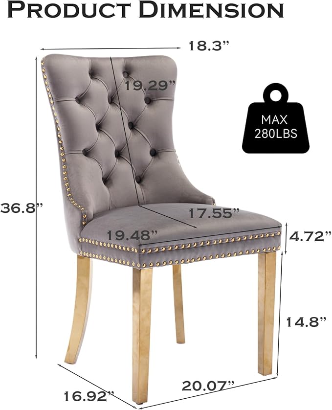 Velvet Upholstered Dining Chairs Set of 4, Modern Style Kitchen Side Chairs with Nailhead Trim and Gold Plated Leg, Metal Pulling Ring for Dining Room Living Room(Gery-Gold Plated Leg)