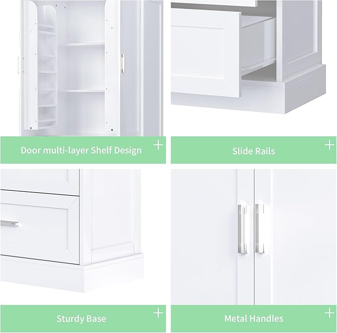Polibi Tall Storage Cabinet with 2 Doors, 2 Drawers, 4-Tier Storage Racks of Each Door, Adjustable Shelf, Floor Free-Standing Cabinet for Bathroom, Living Room, MDF, White