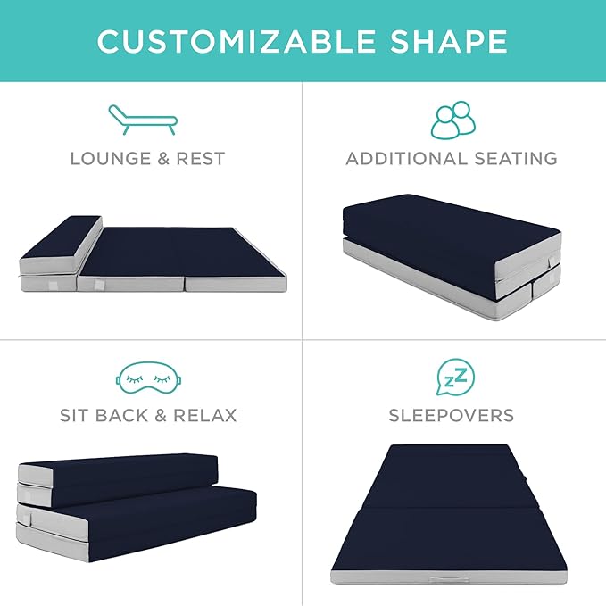 Best Choice Products 4in Portable Queen-Size Mattress, Tri-Fold Mattress for Camping, Guest, Toddler, Foam Plush w/Carry Case - Midnight Blue