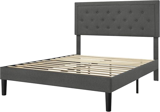 Allewie Full Size Button Tufted Platform/Fabric Upholstered Bed Frame with Adjustable Headboard/Wood Slat Support/Mattress Foundation/Dark Grey (Full)