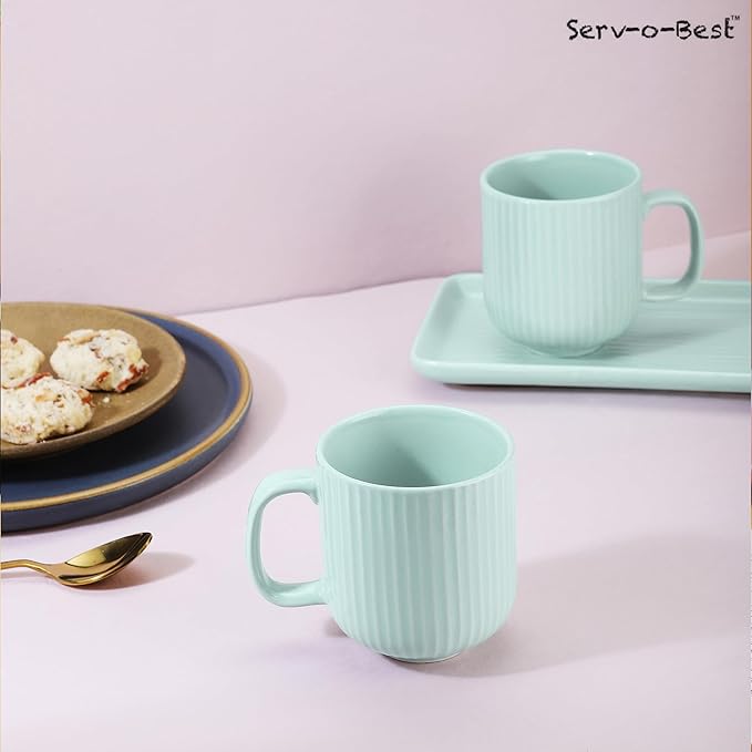 Ceramic Coffee Mugs with Handle Set – 2-Piece 11 Oz Ceramic Coffee Cups & 9" Tray, Handmade Sea Mist Green Color, Microwave Safe Gift Set for Tea Lovers, Home Kitchen Décor