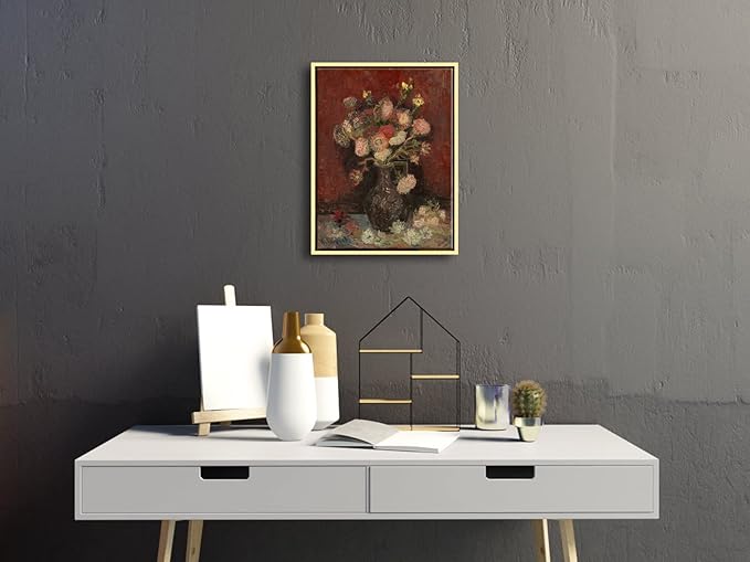 Wieco Art Framed Canvas Wall Art Vase with Chinese Asters and Gladioli by Van Gogh Oil Paintings Modern Abstract HD Canvas Prints Flowers Artwork Pictures for Living Room Wall Decor