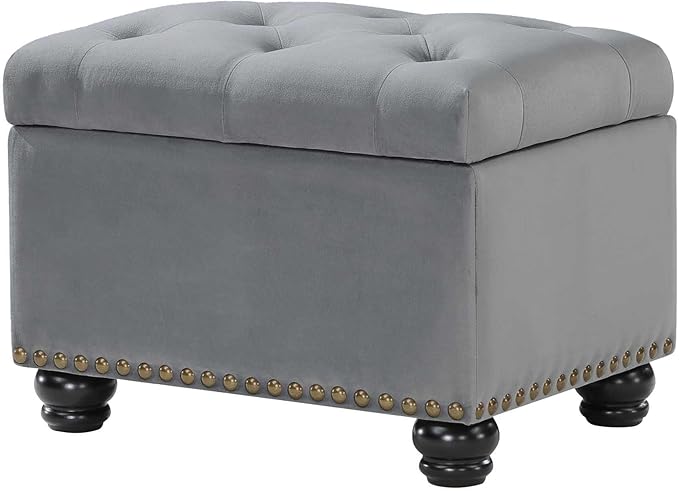 Convenience Concepts Designs4Comfort 5th Avenue Storage Ottoman 24" - Contemporary Foot Stool and Seat with Hinged Lid for Living Room, Dining Room, Office, Den, Gray Velvet