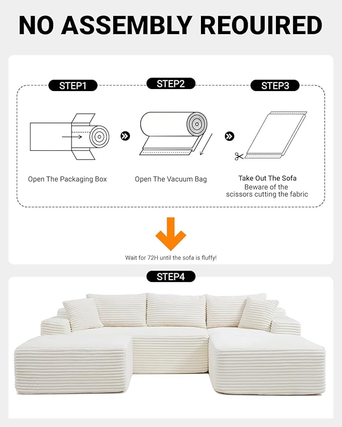 108 Inch Cloud Sectional Couch,Modern Modular Sectional Sofa with Deep Seat,Corduroy Boneless Couches with L-Shape Chaise for Living Room,No Assembly Required (Beige, Right Facing Chaise + Ottoman)