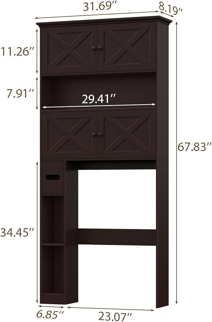 Over The Toilet Storage Cabinet, Farmhouse Storage Cabinet Over Toilet with 4 Barn Doors & Toilet Paper Holder Stand, Espresso Toilet Shelf Home Space Saver for Restroom, Bathroom, Laundry