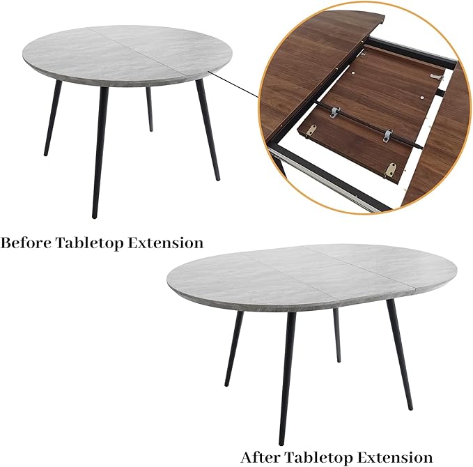 43.3"-59.1" Extendable Round Dining Table Set, Kitchen Table for 6 Person with Scratch-Resistant Thickened MDF Board, Gray Coffee Table w/Metal Legs