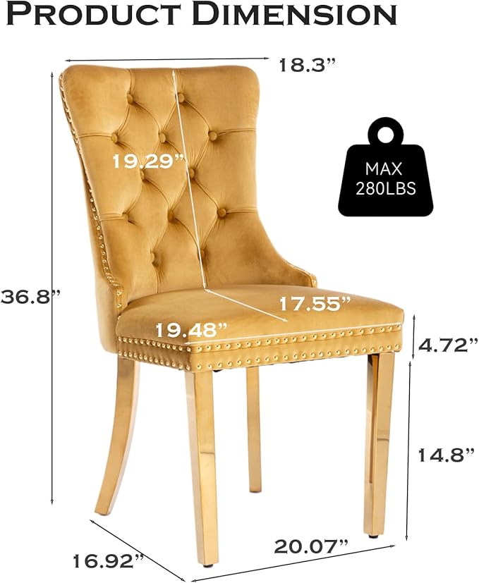 Velvet Upholstered Dining Chairs Set of 8, Modern Style Kitchen Side Chairs with Nailhead Trim and Gold Plated Leg, Metal Pulling Ring for Dining Room Living Room(Gold-Gold Plated Leg)