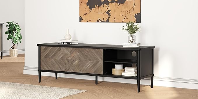 Lenia 65 Inch Solid Acacia Wood TV Stand, Modern Farmhouse Mid Century Media TV Console, Entertainment Center with Storage & Cabinets for Living Room, Mocha Black Finish