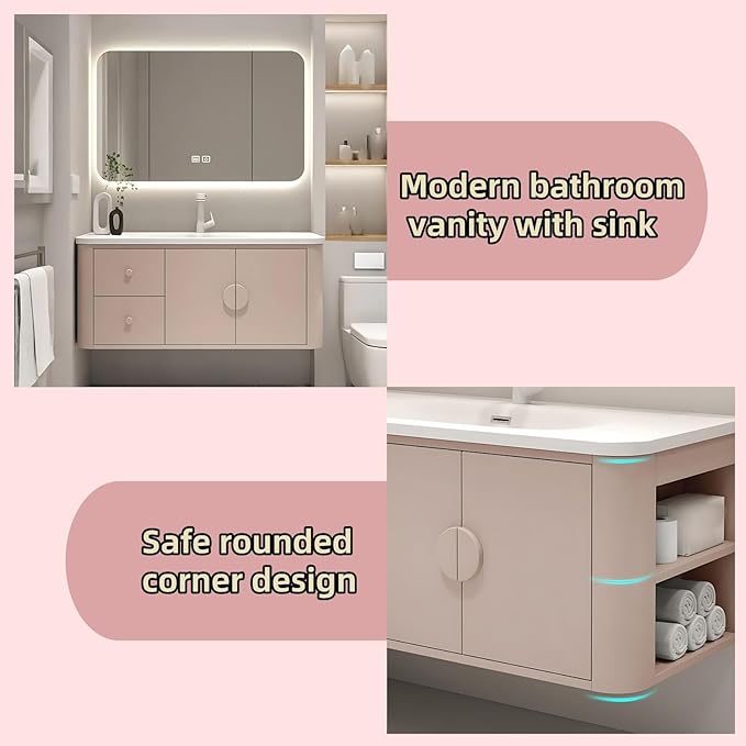 72IN Pink Modern Bathroom Vanity - Bathroom Vanities Set with 2 Drawers Wall Mounted | Rounded Corner Smart Defogging Mirror Cabinet with Lighting & Time Display, Side Opening Storage Shelf (Style B)