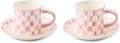 MACKENZIE-CHILDS Set of 2 Stoneware Espresso Cup and Saucer, Cute Coffee Cups, Pink-and-White Rosy Check