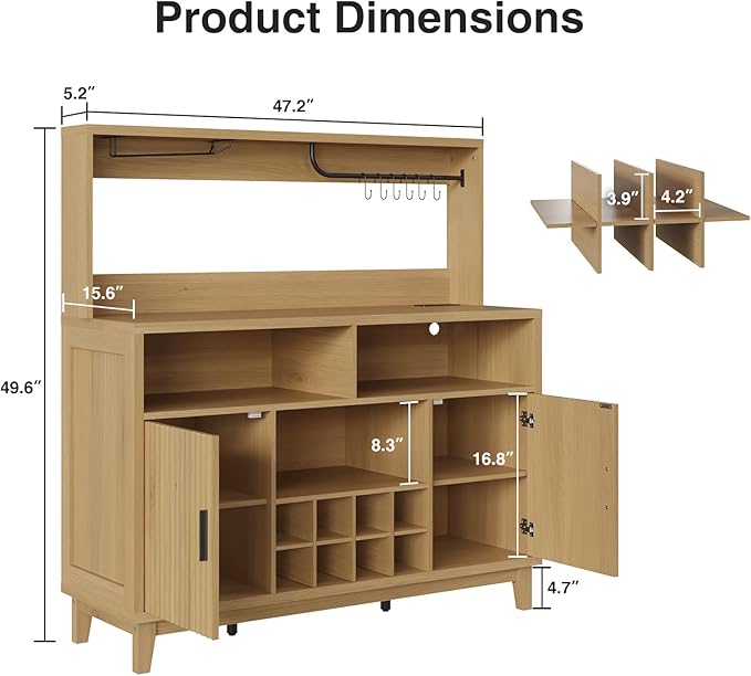 Fluted Buffet Cabinet with Storage, Modern Coffee Bar Cabinet with Outlet, Wine Rack, Cup Holder, Multi-Functional Accent Liquor Cabinet for Living Room, Entryway, Kitchen, Wood