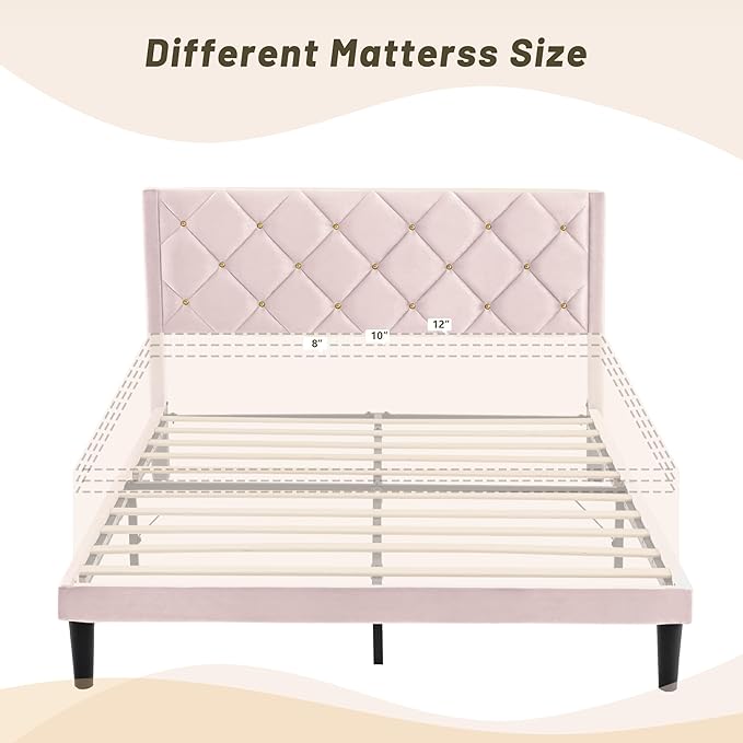 Full Size Platform Bed Frame with Velvet Upholstered Headboard and Sturdy Wooden Slats Support,Mattress Foundation，Easy Assembly, No Box Spring Needed,Slip Resistant (Pink, Full)