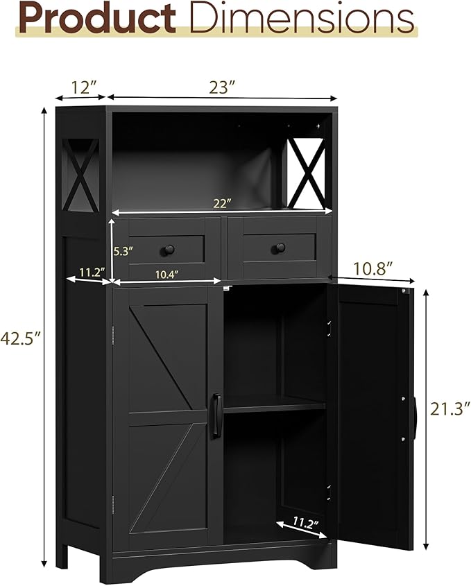 SUPER DEAL Farmhouse Storage Cabinet, Bathroom Floor Cabinet Kitchen Pantry with Doors and Drawers, Hutch Cupboard for Living Room, Bedroom, Laundry, Black