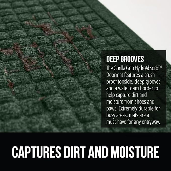 GORILLA GRIP Front Door Mat, Indoor Outdoor Ultra Absorbent HydroAbsorb Doormat, Absorbs Up to 1.7 Cups of Water, Stain and Fade Resistant, Rubber Backing Doormats, Captures Dirt, 29x17 Green