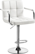 Yaheetech Bar Stools, PU Leather Adjustable Swivel Barstools, Hydraulic Kitchen Counter Height Bar Chairs with Armrest and Back for Bar, Kitchen, Dining Room, White