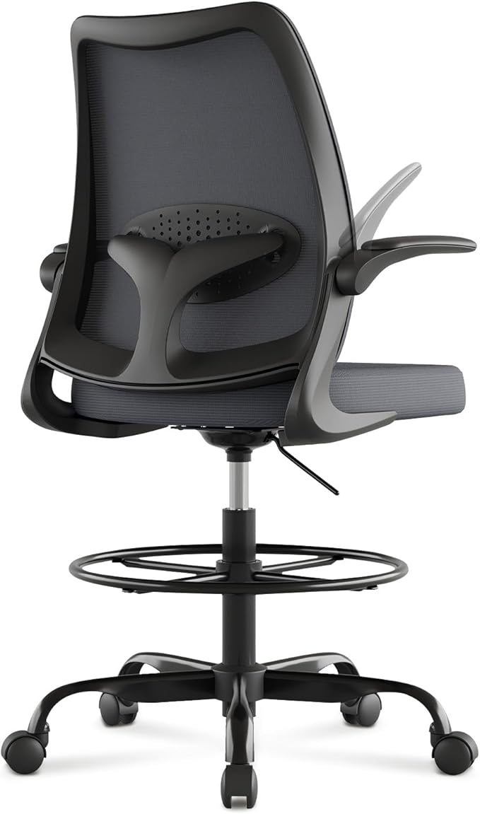 Tall Office Chair for Standing Desks,High Desk Drafting Chair with Adjustable Footrest Ring,Ergonomic Lumbar Support,Flip-Up Armrests for Home Office,Grey