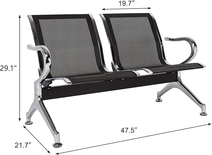 Kinsuite Reception Room Chair - 2 Seat Metal Waiting Room Chairs, Office Guest Chairs & Reception Seat for Office Bank, Hospital, Airport, Black