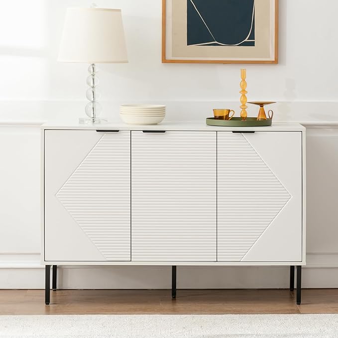 Kitchen Buffet Storage Cabinet Set of 2, Modern 3 Door Coffee Bar with Shelves, Wooden Fluted Entryway Cabinet for Dinning Room, Living Room (2, Embossed White)