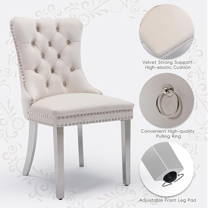 Velvet Upholstered Dining Chairs Set of 6, Modern Style Kitchen Side Chairs with Nailhead Trim and Silver Plated Leg, Metal Pulling Ring for Dining Room Living Room