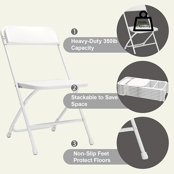 Folding Chairs10 Pack,Heavy Duty White Plastic Stackable Event Chairs for Indoor Outdoor, 350lb Capacity Portable Commercial Banquet Chairs for Wedding,Party,Office