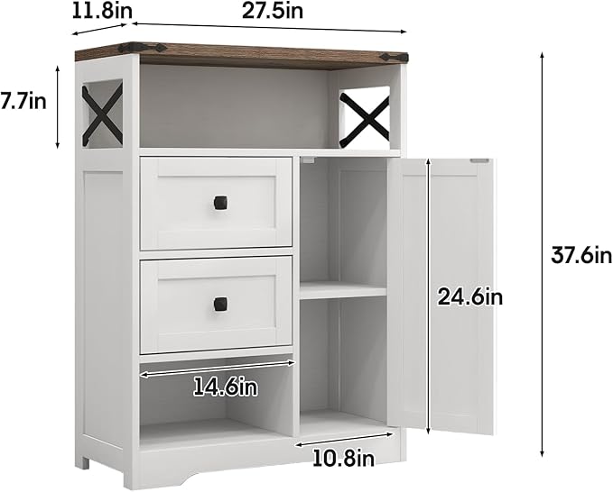 Fameill White Farmhouse Storage Cabinet with 2 Drawers & Shelves,Freestanding Kitchen Cabinet with Doors,Floor Storage Organization for Living Room,Bathroom,Laundry