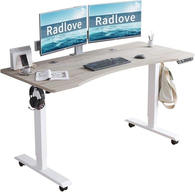 Radlove Electric Standing Desk, 55 x 30 Height Adjustable Computer Desk Sit Stand Desk Home Office Desks with Splice Board and A Under Desk Cable Management Tray (White Frame + Oak Top)