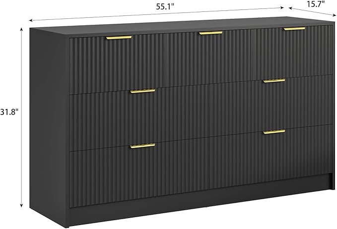 7 Drawers Dresser for Bedroom,55" Wide Fluted Dresser with Deep Drawers, Modern Chest of Drawers, Wood TV Stand Storage Organizer for Closet, Living Room, Hallway, Black